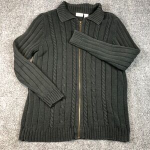 Cherokee Women's Gray Cable Knit Zip Front Collared Cardigan Sweater L‎